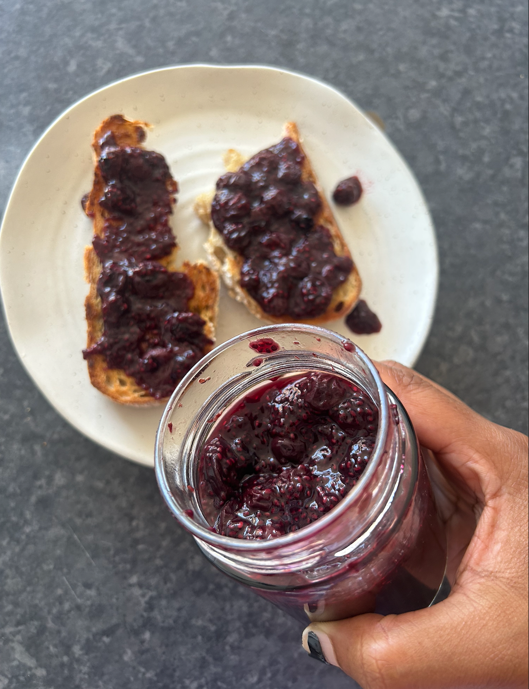 Blueberry orange compote served over toasted sourdough bread