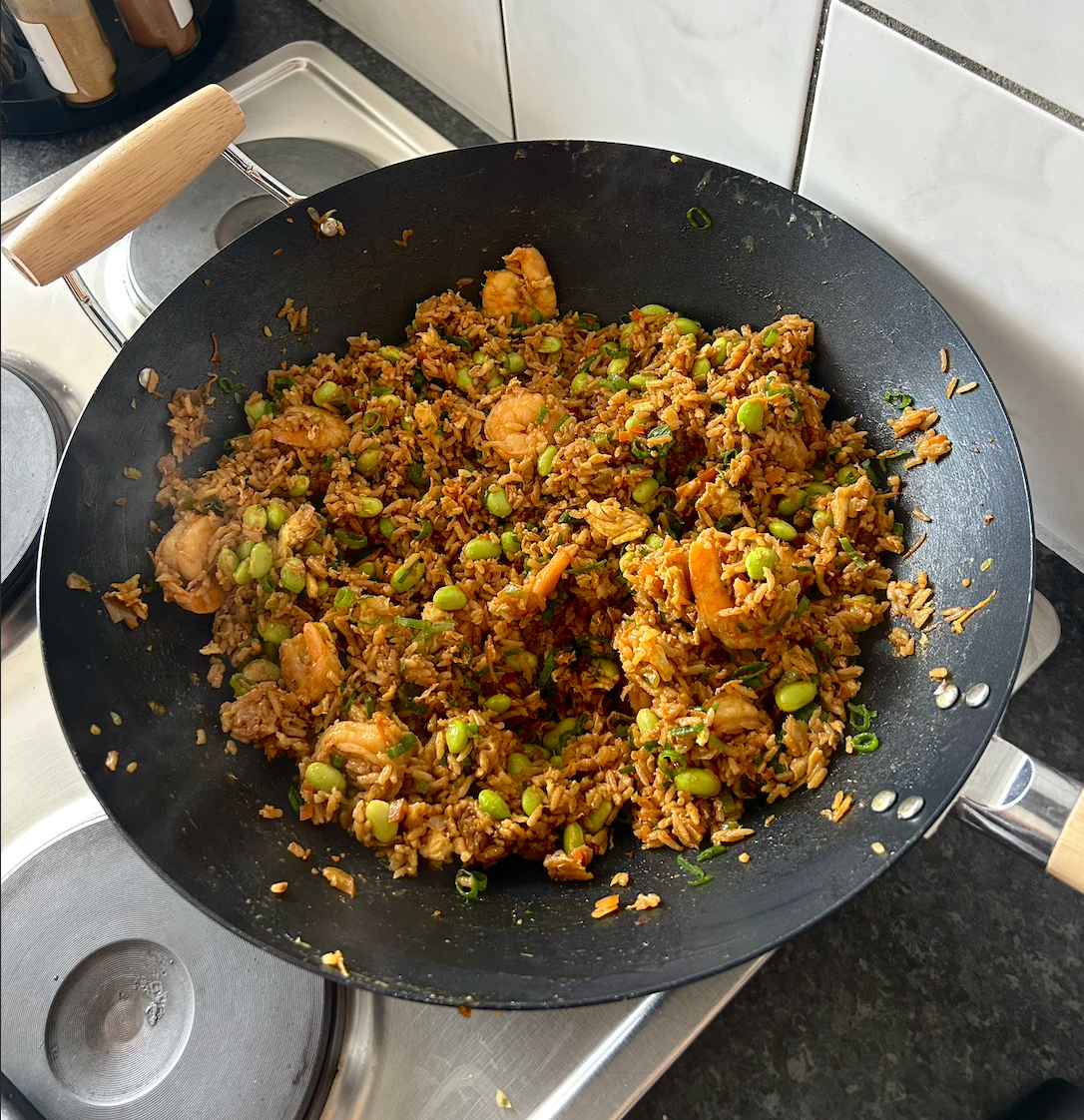 Prawn Fried Rice in a wok