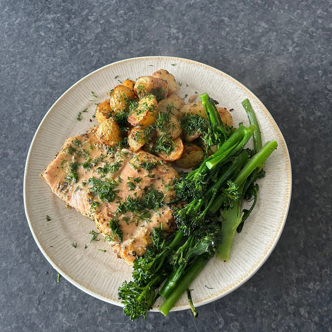One-Pan Lemon Garlic Salmon with Crispy Potatoes & Tenderstem Broccoli