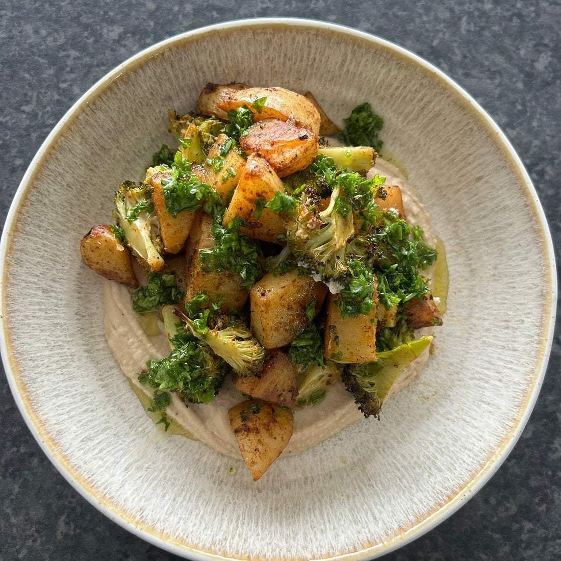 Roasted Potato & Broccoli Bowl with Creamy Butter Bean Purée