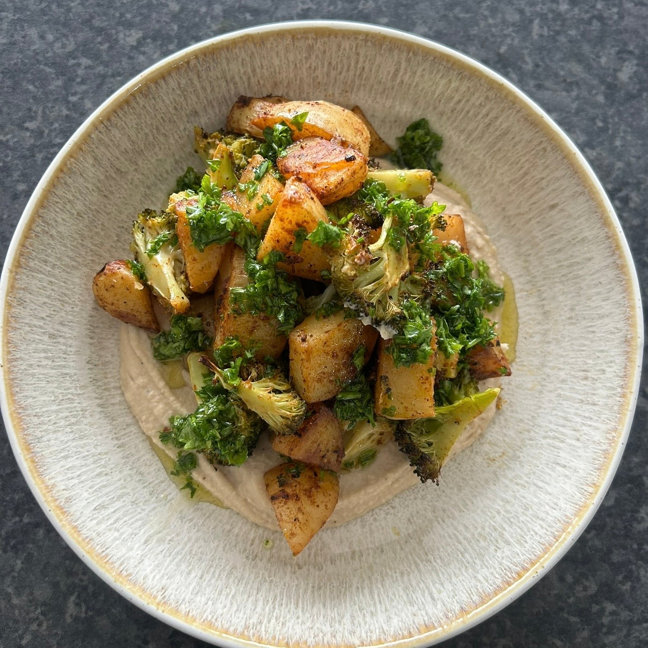 Roasted Potato & Broccoli Bowl with Creamy Butter Bean Purée
