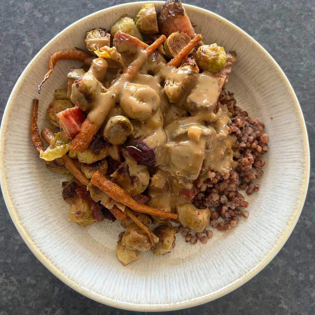 Roasted Veggies & Sorghum Bowl with Creamy Balsamic Dressing