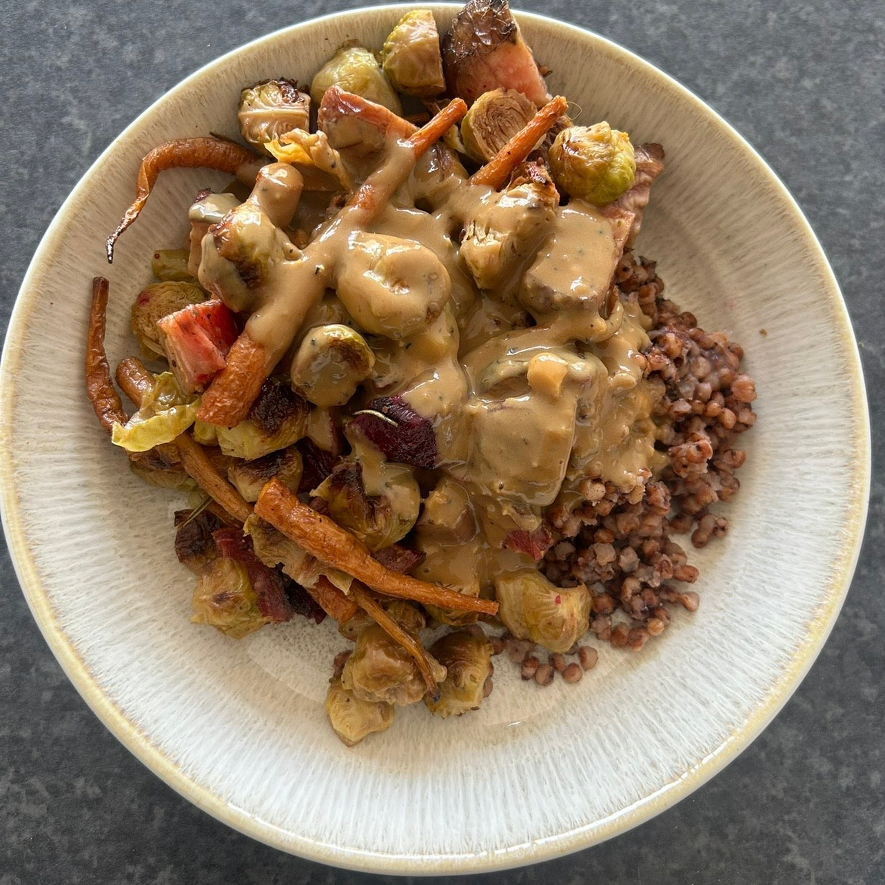 Roasted Veggies & Sorghum Bowl with Creamy Balsamic Dressing