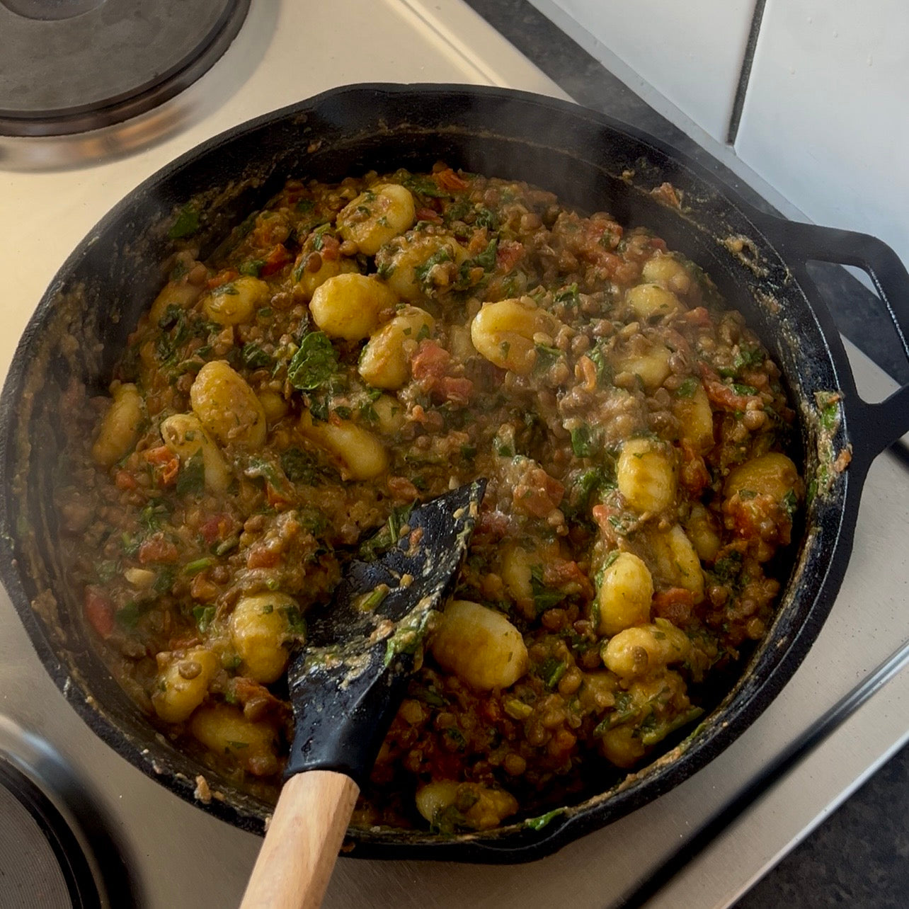 Crispy Gnocchi with Lentils, Sun-Dried Tomatoes & Spinach