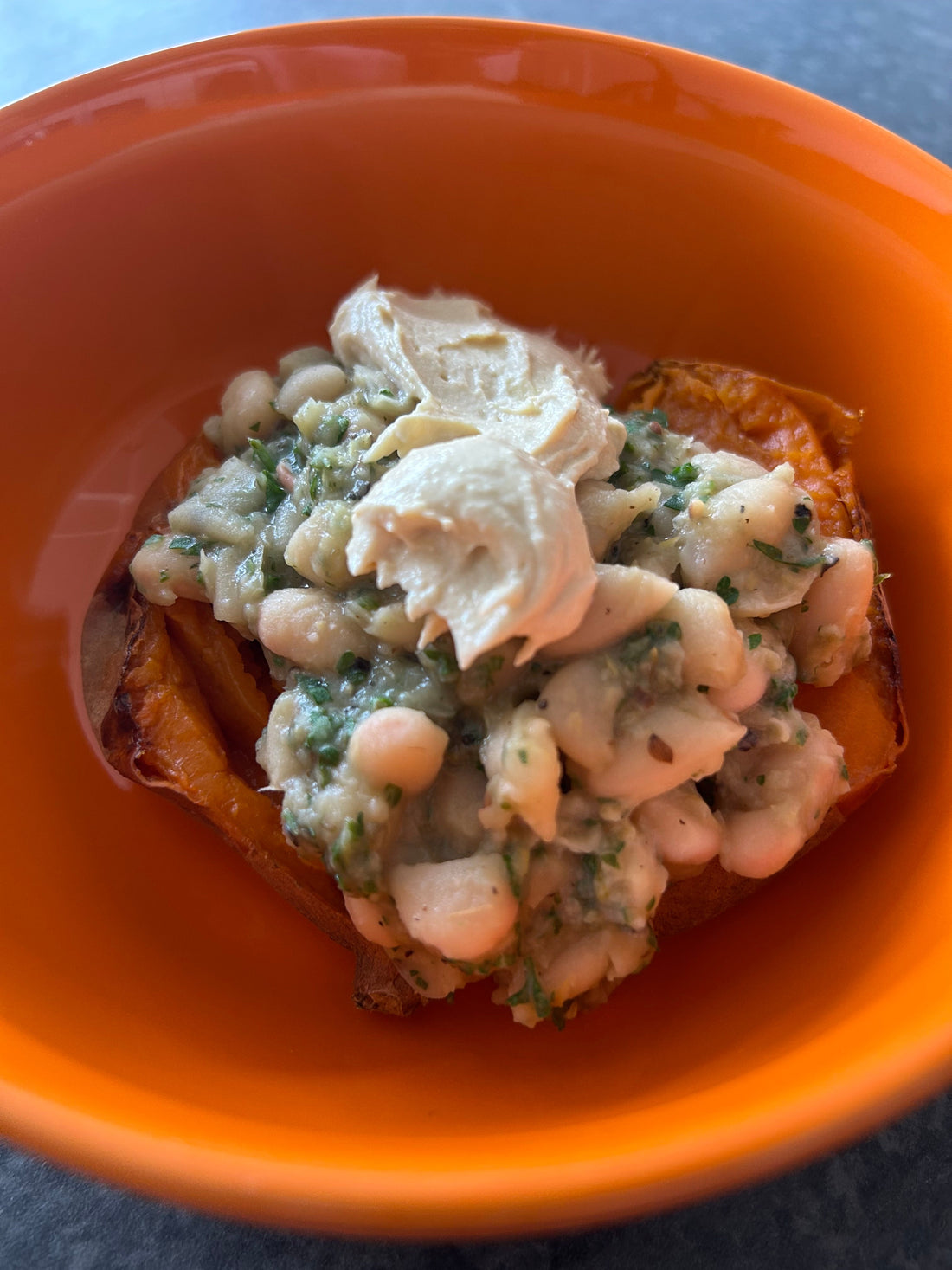Creamy Lemon Garlic Cannellini Beans on Roasted Sweet Potatoes