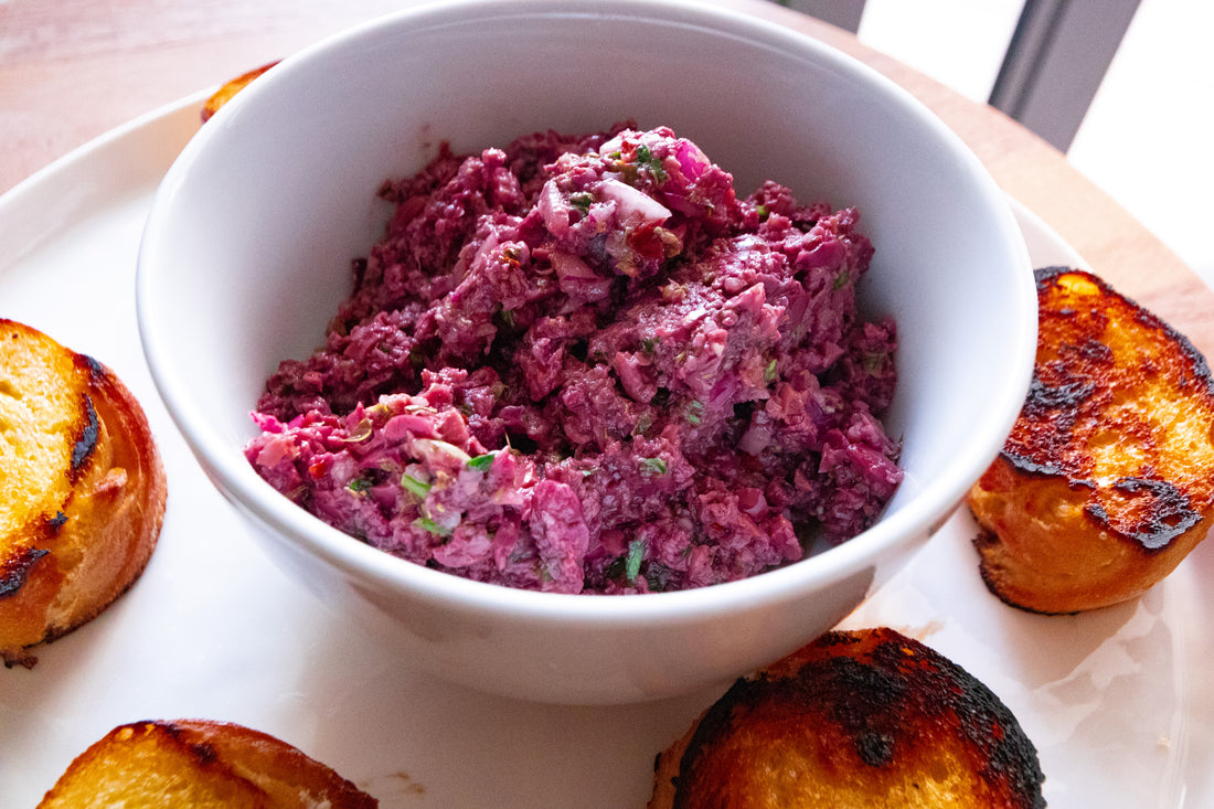 Homemade Tapenade & mushroom toasted baguette