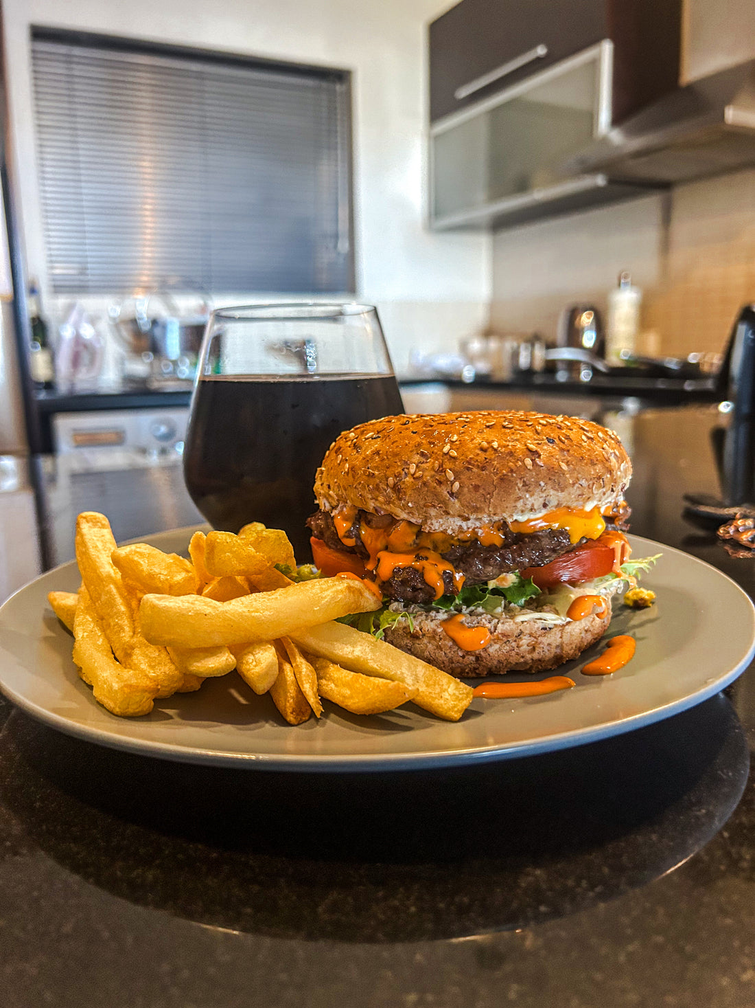 beef burger and chips