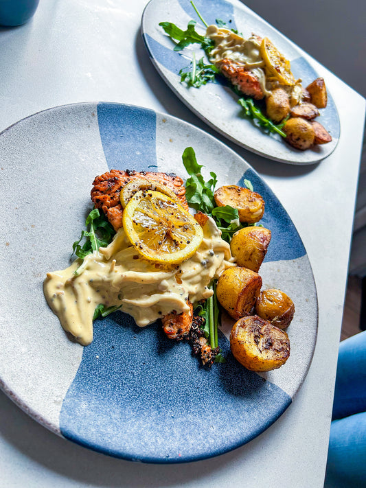 Pan-Fried Trout with Shiitake Mushroom Sauce, Wild Rocket, and Garlic Butter Baked Baby Potatoes